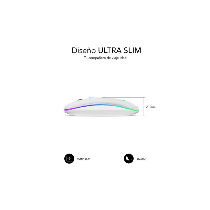 RATÓN ÓPTICO INALÁMBRICO 2.4G Y BT RGB LED DUAL FLAT MOUSE WHITE