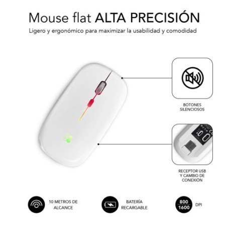 RATÓN ÓPTICO INALÁMBRICO 2.4G Y BT RGB LED DUAL FLAT MOUSE WHITE