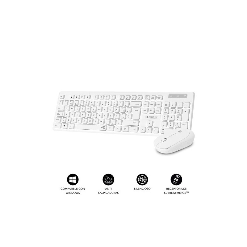 SUBBLIM Teclado Ergonómico y ratón Combo Business Slim Silencioso Inalámbrico 2.4G Blanco