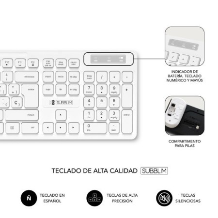 SUBBLIM Teclado Ergonómico y ratón Combo Business Slim Silencioso Inalámbrico 2.4G Blanco