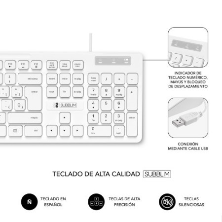 SUBBLIM Teclado Ergonómico Business Slim Silencioso con cable USB Blanco