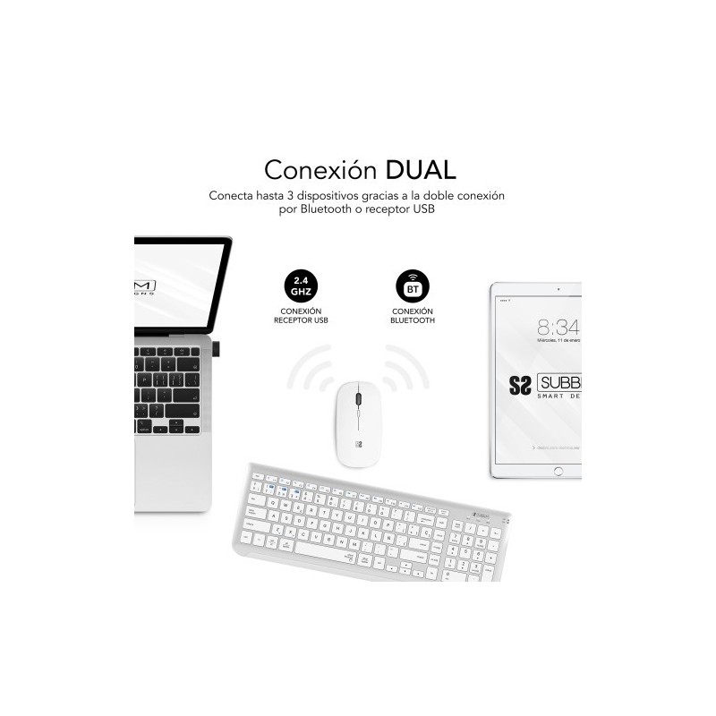 SUBBLIM Teclado con Ratón Bluetooth + 2.4G Combo Dual Prestige Extendido Plata/Blanco