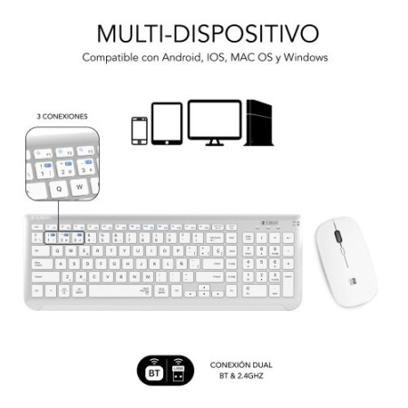 SUBBLIM Teclado con Ratón Bluetooth + 2.4G Combo Dual Prestige Extendido Plata/Blanco