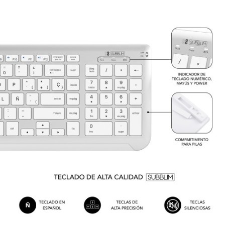 SUBBLIM Teclado con Ratón Bluetooth + 2.4G Combo Dual Prestige Extendido Plata/Blanco