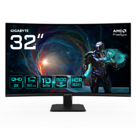 GIGABYTE GS32QCA 31.5″ Monitor Curvo para Gaming QHD - 2560 x 1440, 180Hz, 1ms, 250 cd/m², FreeSync, HDR Ready, HDMI 2.0, Displa