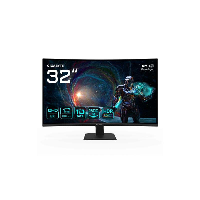 GIGABYTE GS32QCA 31.5″ Monitor Curvo para Gaming QHD - 2560 x 1440, 180Hz, 1ms, 250 cd/m², FreeSync, HDR Ready, HDMI 2.0, Displa