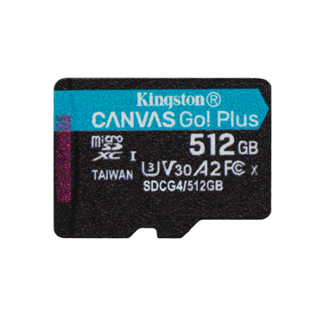 Kingston Technology Tarjeta microSDXC Canvas Go Plus Gen4 de 512 GB, 200 MB/s, A2 U3 V30 y adaptador