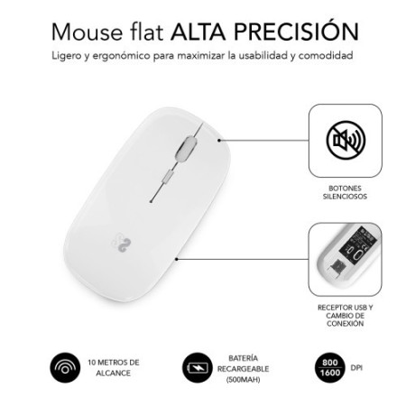 SUBBLIM Ratón Óptico Inalámbrico 2.4G y Bluetooth Dual Flat Mouse Recargable Blanco