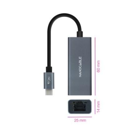 Nanocable Conversor USB-C a Ethernet Gigabit 10/100/1000 Mbps, Aluminio, Gris, 15 cm