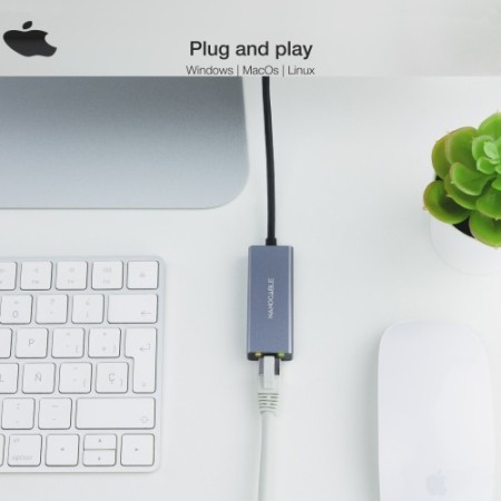 Nanocable Conversor USB-C a Ethernet Gigabit 10/100/1000 Mbps, Aluminio, Gris, 15 cm