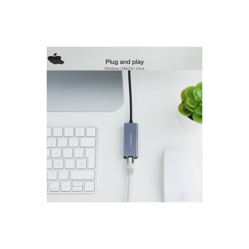 Nanocable Conversor USB-C a Ethernet Gigabit 10/100/1000 Mbps, Aluminio, Gris, 15 cm