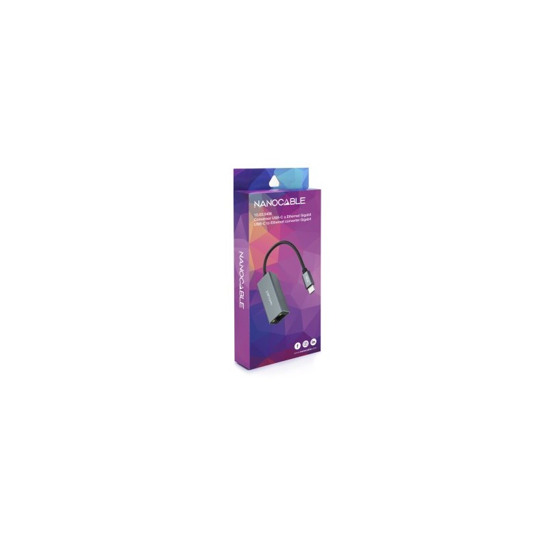 Nanocable Conversor USB-C a Ethernet Gigabit 10/100/1000 Mbps, Aluminio, Gris, 15 cm