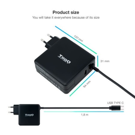 TOOQ CARGADOR PORTÁTIL USB-C PD3.0 90W, NEGRO