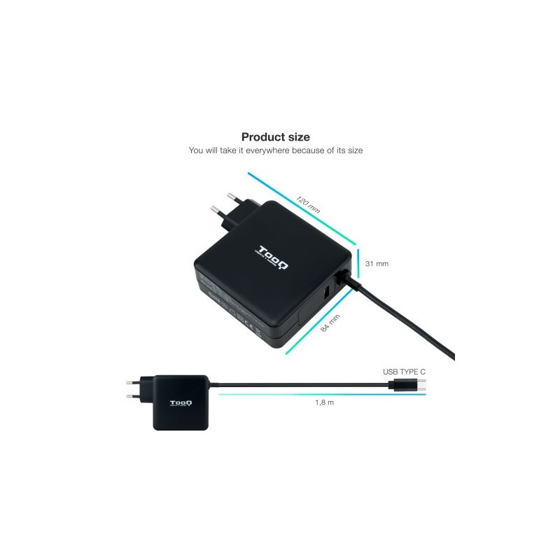 TOOQ CARGADOR PORTÁTIL USB-C PD3.0 90W, NEGRO