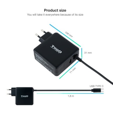 TOOQ CARGADOR PORTÁTIL USB-C PD3.0 65W, NEGRO