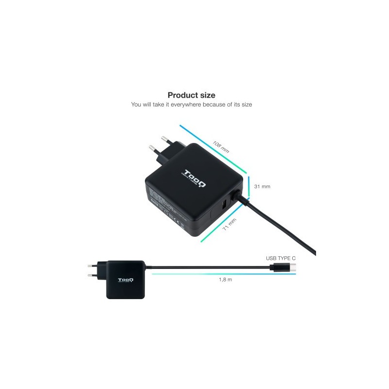 TOOQ CARGADOR PORTÁTIL USB-C PD3.0 65W, NEGRO