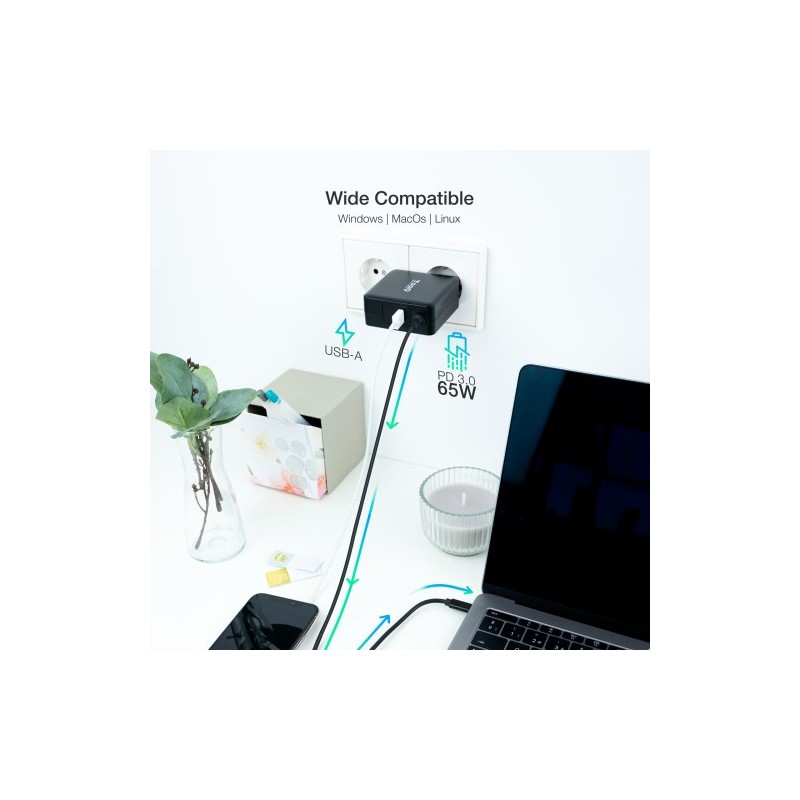 TOOQ CARGADOR PORTÁTIL USB-C PD3.0 65W, NEGRO