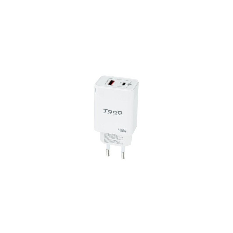 TooQ Cargador de Pared GaN USB-C/PD + USB-A/QC 45W, Blanco