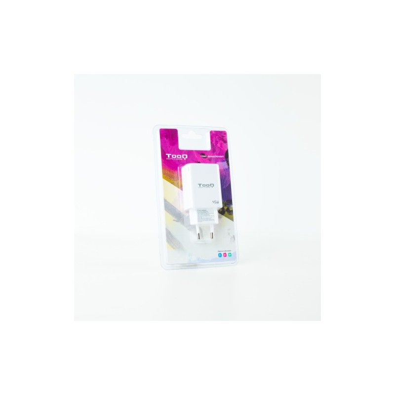 TooQ Cargador de Pared GaN USB-C/PD + USB-A/QC 45W, Blanco