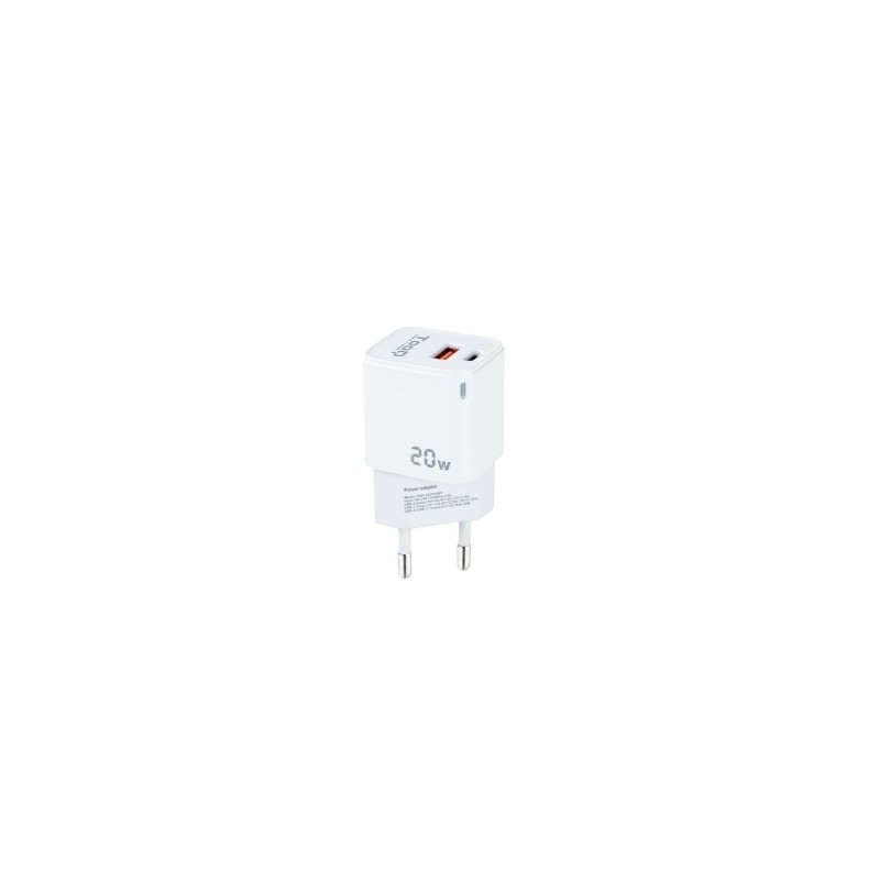 TooQ Cargador de Pared USB-C/PD + USB-A/QC 20W, Blanco