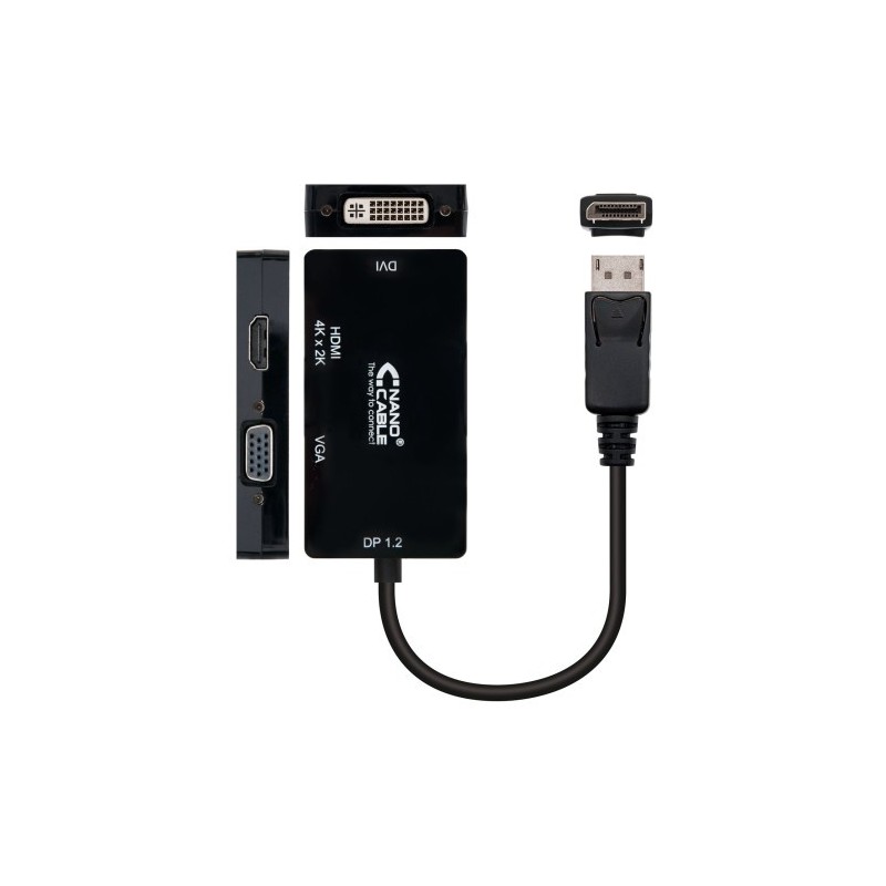 Nanocable Conversor Displayport a VGA / HDMI, 3 en 1, DP 1.2/M-VGA/H-HDMI/H 4K, Negro, 15 cm