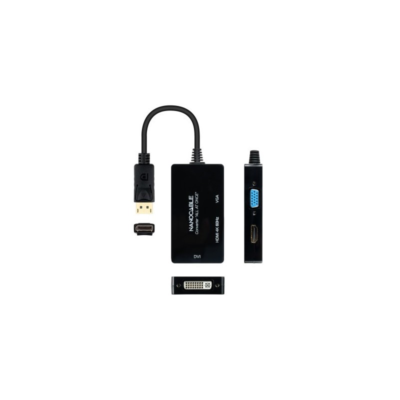 Nanocable Conversor DISPLAYPORT a HDMI/DVI/VGA, 20 cm, Negro