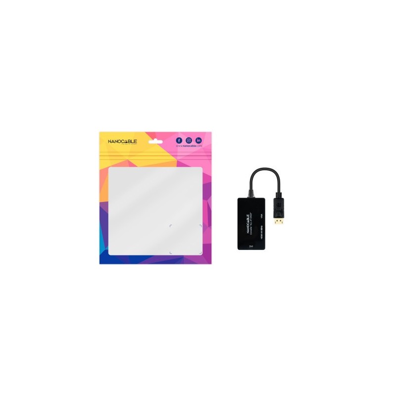 Nanocable Conversor DISPLAYPORT a HDMI/DVI/VGA, 20 cm, Negro