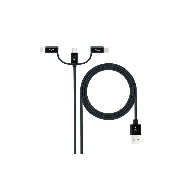 Nanocable Cable USB 3 en 1 Carga/Datos USB-A a USB-C/Micro USB/Lightning 1 m, Negro
