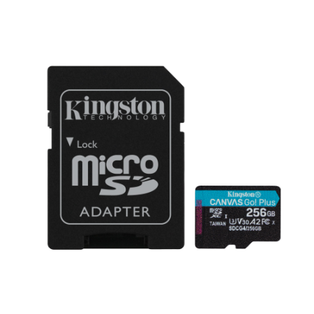 Kingston Technology Tarjeta microSDXC Canvas Go Plus Gen4 de 256 GB, 200 MB/s, A2 U3 V30 y adaptador