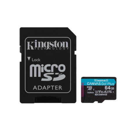 Kingston Technology Tarjeta microSDXC Canvas Go Plus Gen4 de 64 GB, 200 MB/s, A2 U3 V30 y adaptador