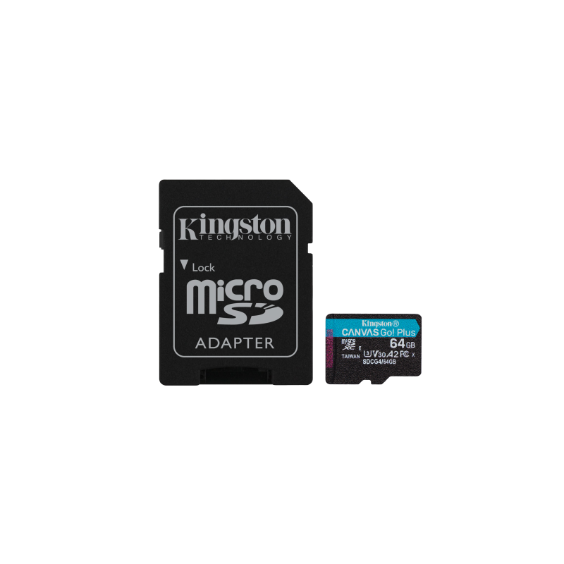 Kingston Technology Tarjeta microSDXC Canvas Go Plus Gen4 de 64 GB, 200 MB/s, A2 U3 V30 y adaptador