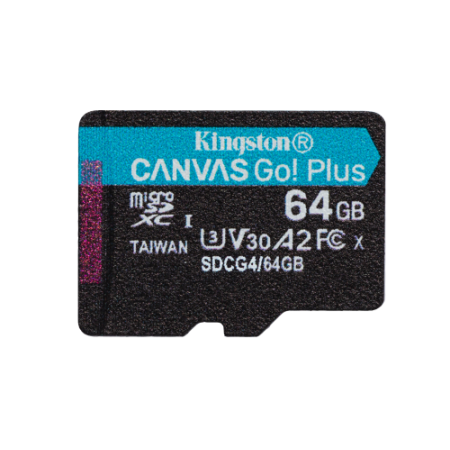 Kingston Technology Tarjeta microSDXC Canvas Go Plus Gen4 de 64 GB, 200 MB/s, A2 U3 V30 y adaptador