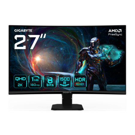 GIGABYTE GS27QCA 27″ Monitor Curvo para Gaming QHD - 2560 x 1440, 180Hz, 1ms, 250 cd/m², FreeSync, HDR Ready, HDMI 2.0, DisplayP