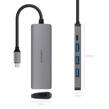 NANOCABLE HUB USB-C 3xUSB-A+USB-C CARGA+HDMI, GRIS 18 CM
