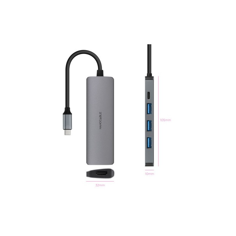 NANOCABLE HUB USB-C 3xUSB-A+USB-C CARGA+HDMI, GRIS 18 CM