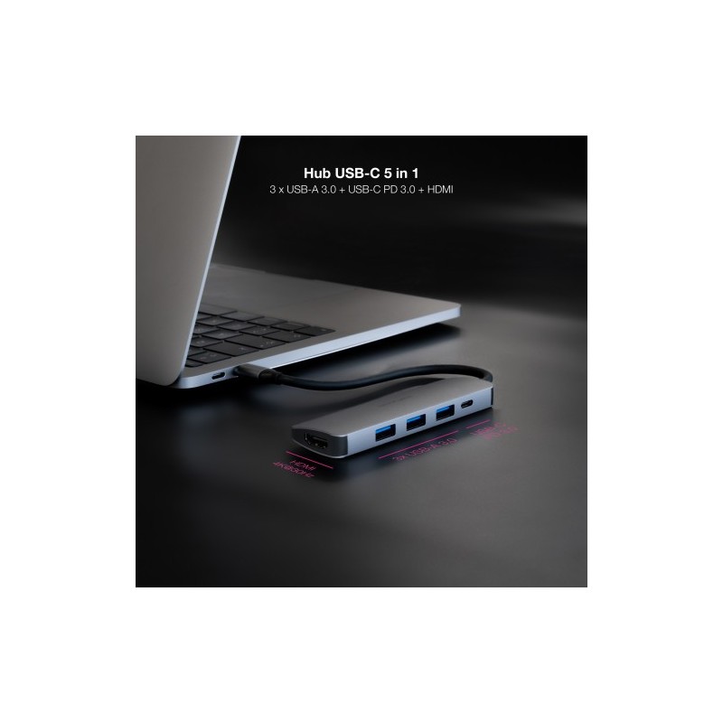 NANOCABLE HUB USB-C 3xUSB-A+USB-C CARGA+HDMI, GRIS 18 CM