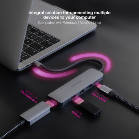 NANOCABLE HUB USB-C 3xUSB-A+USB-C CARGA+HDMI, GRIS 18 CM