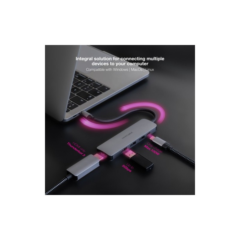 NANOCABLE HUB USB-C 3xUSB-A+USB-C CARGA+HDMI, GRIS 18 CM