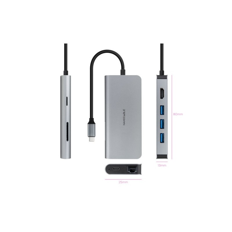 NANOCABLE HUB USB-C 3xUSB-A+HDMI+USB-C CARGA+RJ45+TF+SD