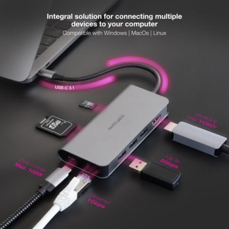 NANOCABLE HUB USB-C 3xUSB-A+HDMI+USB-C CARGA+RJ45+TF+SD