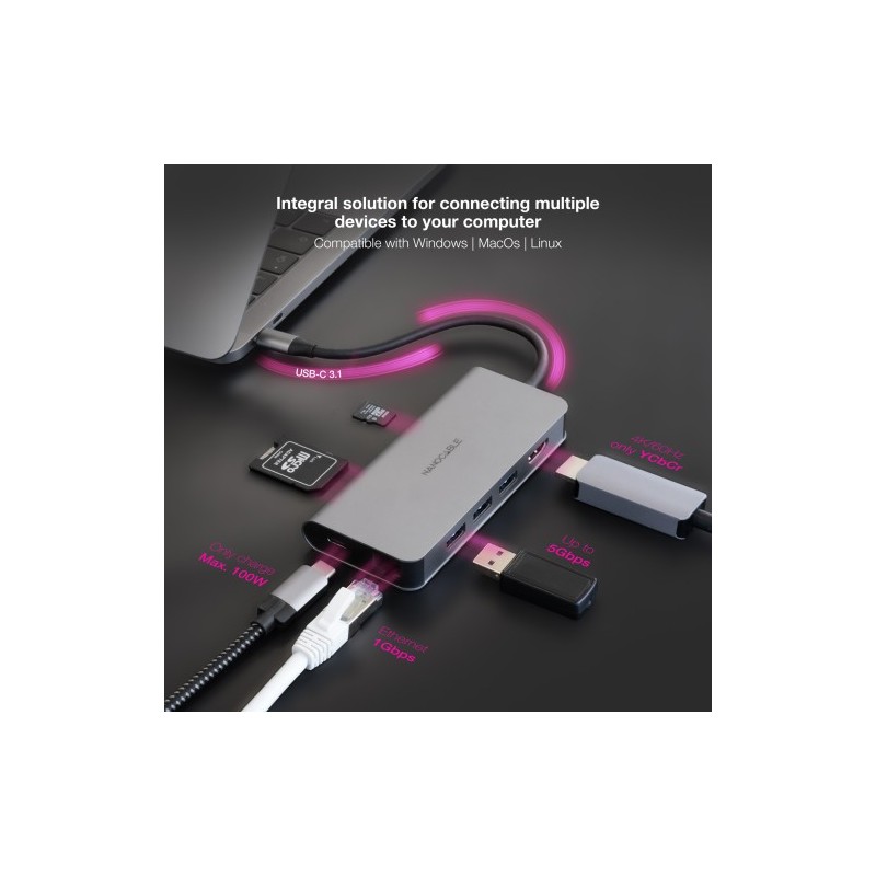 NANOCABLE HUB USB-C 3xUSB-A+HDMI+USB-C CARGA+RJ45+TF+SD