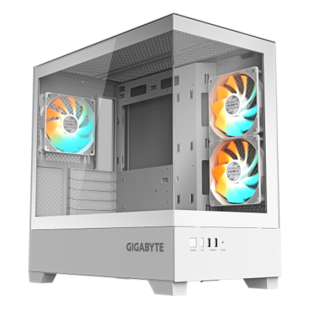 GIGABYTE C201 PANORAMIC ICE Caja para PC – Torre media, m-ATX, compatible con radiador de 360 mm, 3 ventiladores preinstalados, 