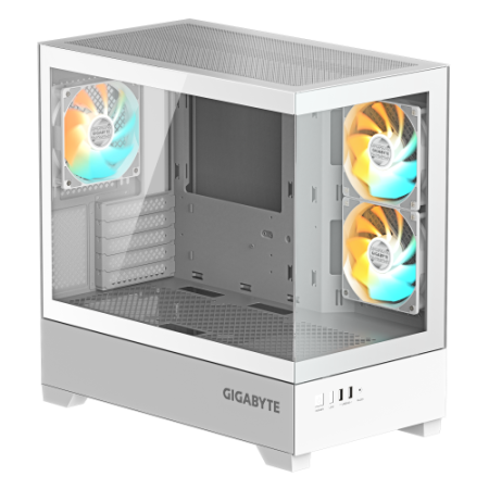 GIGABYTE C201 PANORAMIC ICE Caja para PC – Torre media, m-ATX, compatible con radiador de 360 mm, 3 ventiladores preinstalados, 