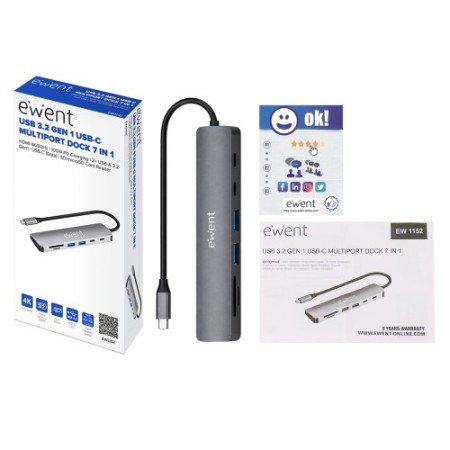 Ewent EW1152 base para portátil y replicador de puertos Alámbrico USB 3.2 Gen 1 (3.1 Gen 1) Type-C Gris