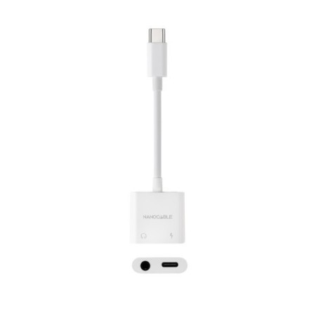 Nanocable Adaptador de Audio USB-C/M a Jack 3.5/H + USB-C/H PD 60W, 11.5 cm, Blanco