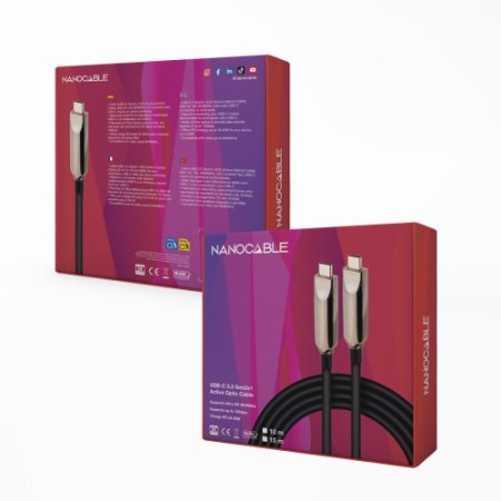 Nanocable Cable USB 3.2 Gen2x1 AOC, 60W 3A PD 10Gbps 8K@60Hz, USB-C M/M, 10m, Negro