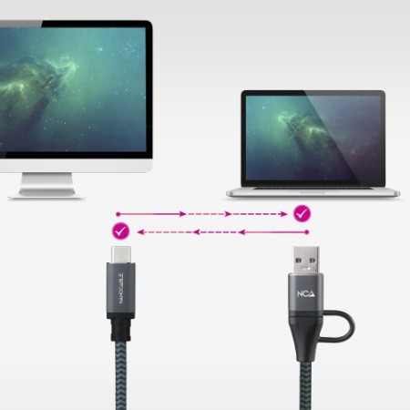 Nanocable Cable USB 3.2 Gen2x2 20Gbps 5A/100W, USB-C+USB-A/M a USB-C/M, Gris/Negro, 1m