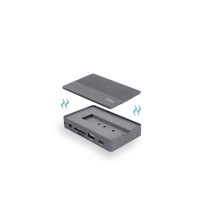 TooQ Caja externa para SSD M.2 NVMe/SATA + HUB USB-C 3.2 Gen2 con 2x USB-A 3.1 + 1x USB-A 2.0 + USB-C 3.2 Gen2 + HDMI 2.0 + RJ45