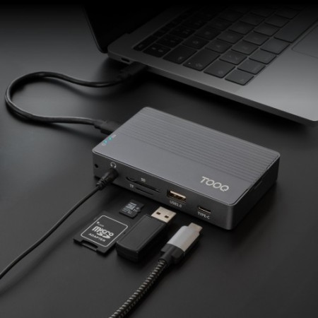 TooQ Caja externa para SSD M.2 NVMe/SATA + HUB USB-C 3.2 Gen2 con 2x USB-A 3.1 + 1x USB-A 2.0 + USB-C 3.2 Gen2 + HDMI 2.0 + RJ45