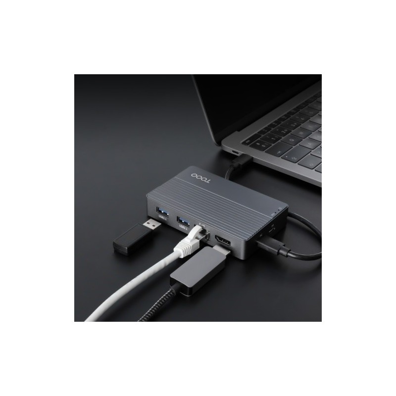 TooQ Caja externa para SSD M.2 NVMe/SATA + HUB USB-C 3.2 Gen2 con 2x USB-A 3.1 + 1x USB-A 2.0 + USB-C 3.2 Gen2 + HDMI 2.0 + RJ45
